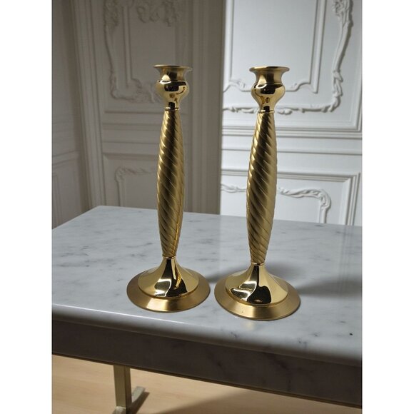 Vintage PaIr of Partylite Lexington polished Gold Solid Brass Candlestick Holder - Picture 1 of 9